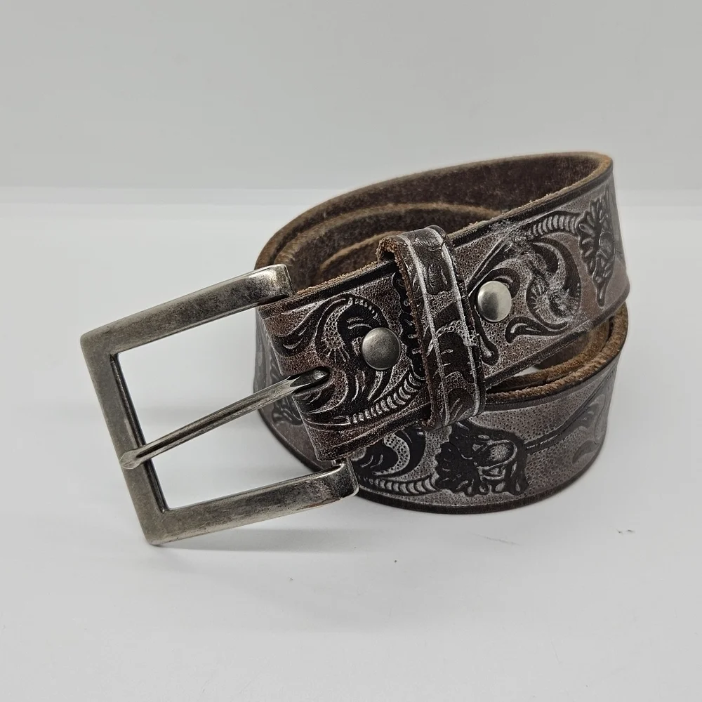 brown embossed leather belt with silvery metallic overtone large
